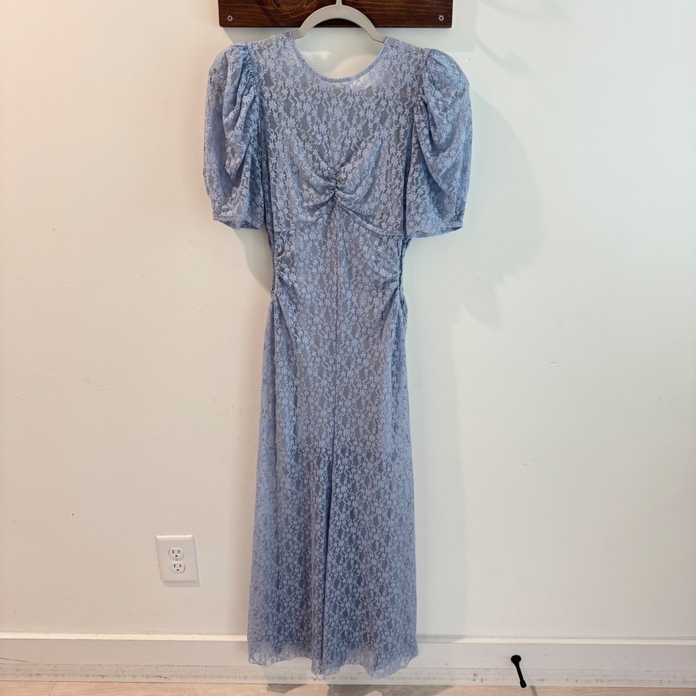 Alice McCall On and On Blue Floral Lace Puff Sleeve Cut Out Midi Dress US 6